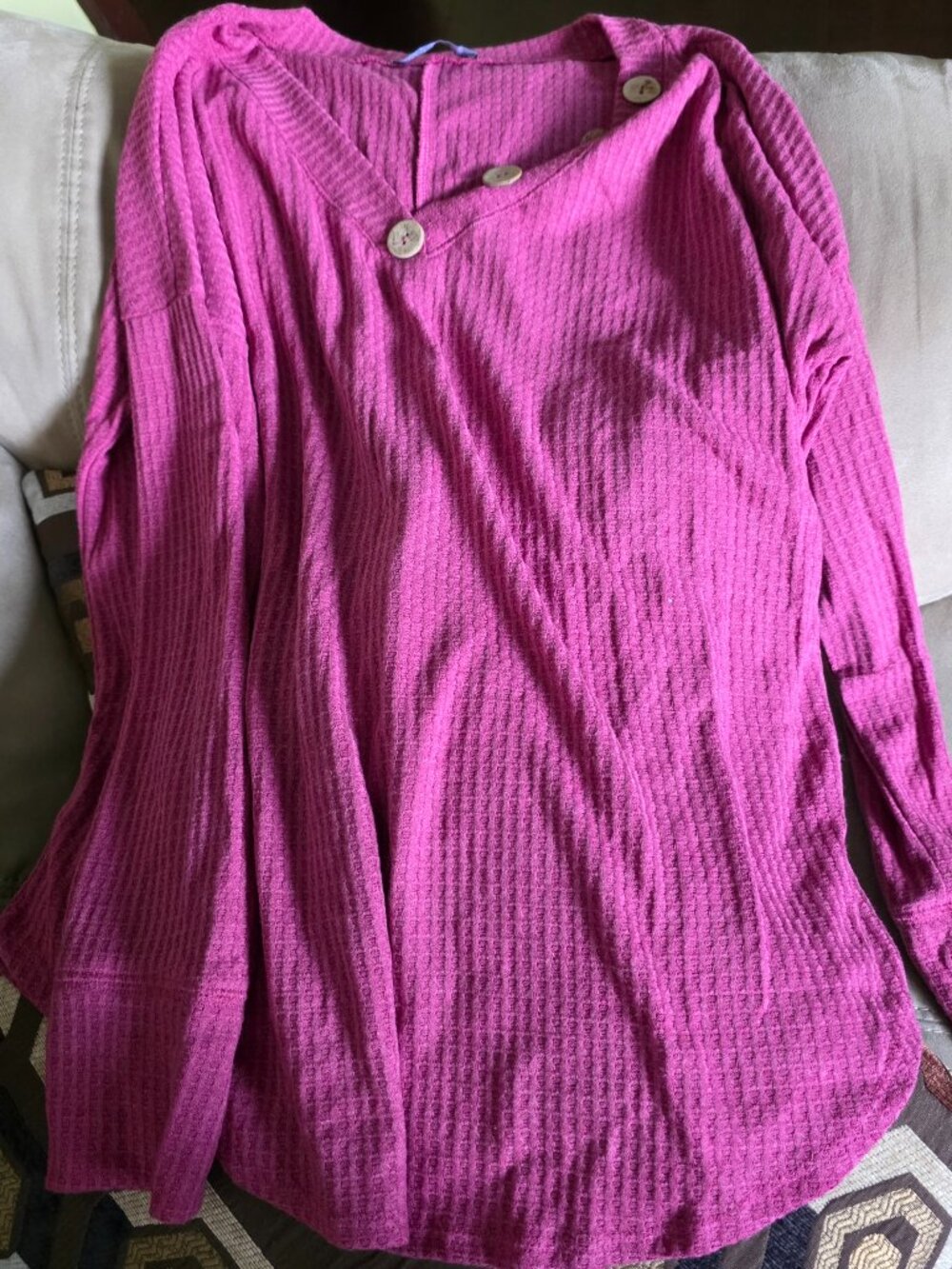 Shop basic pink v-neck long sleeve top, decorative buttons at neckline, sz L